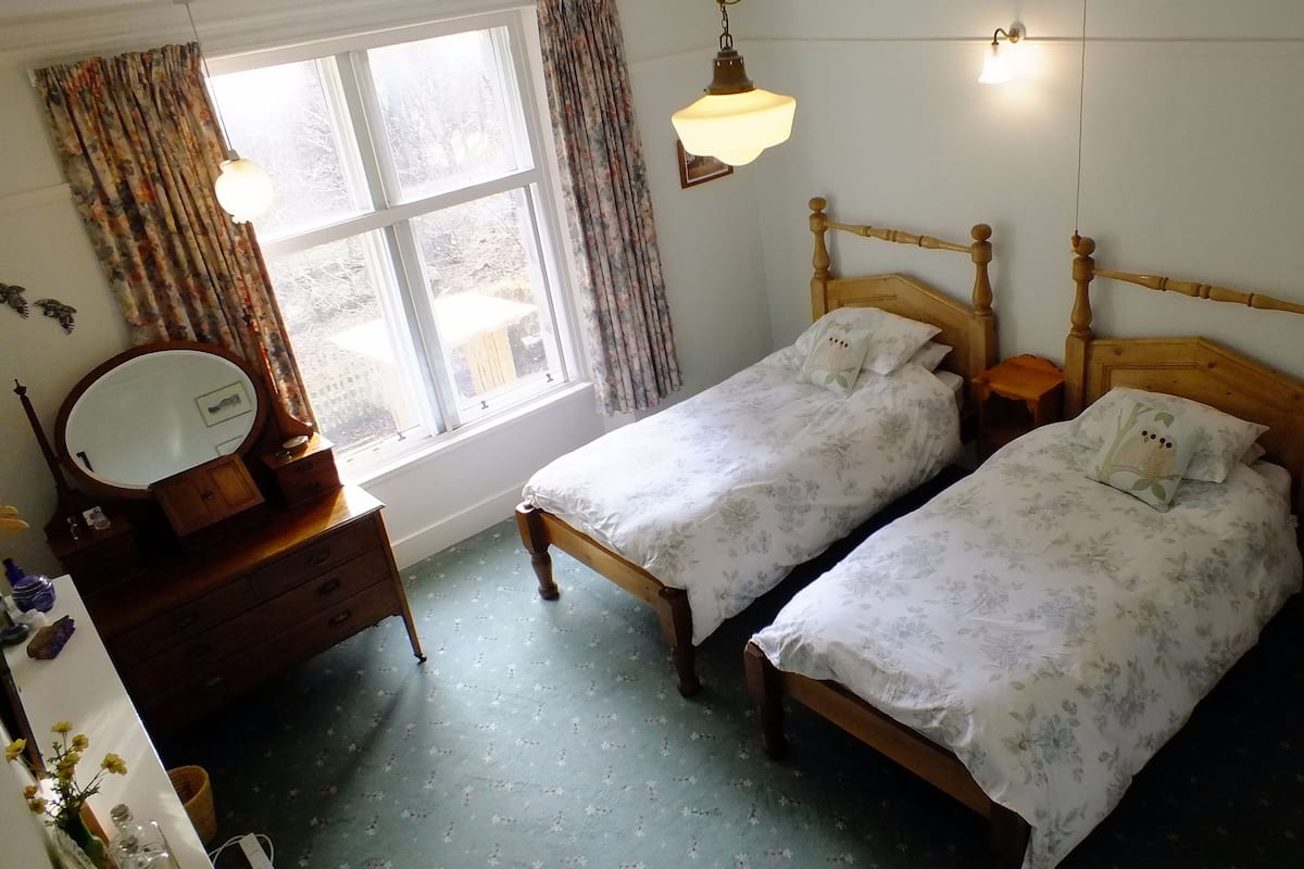 A bedroom with two single beds, a wooden dresser, a mirror, and a window with curtains.