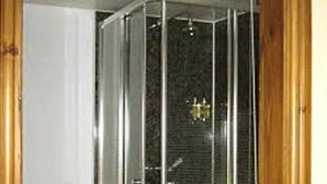 Un baño con ducha de vidrio, inodoro y un pequeño cubo de basura.