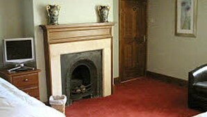 Un dormitorio con chimenea, un televisor sobre un mueble de madera y una puerta.