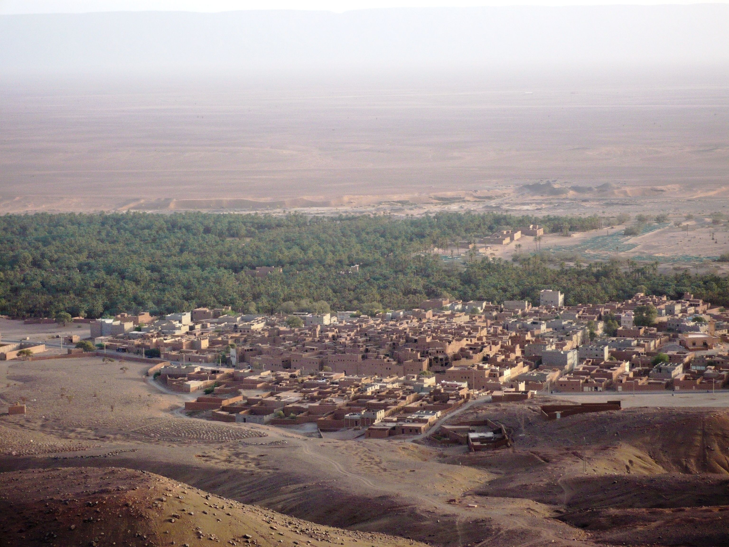 Une ville située dans le désert, avec des bâtiments compacts, une place centrale et une colline boisée en arrière-plan.