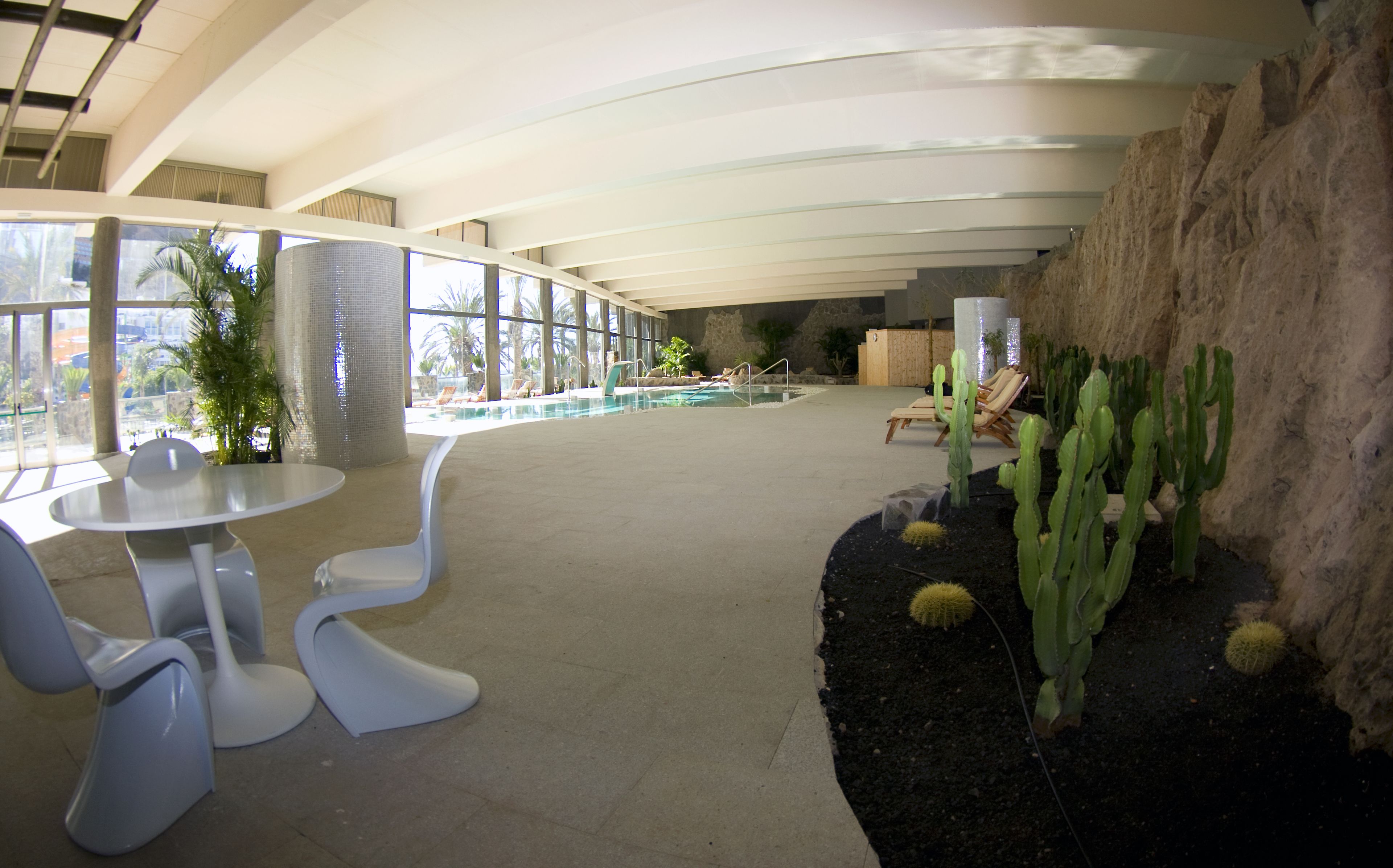 A modern indoor space with a pool, white furniture, and cacti.