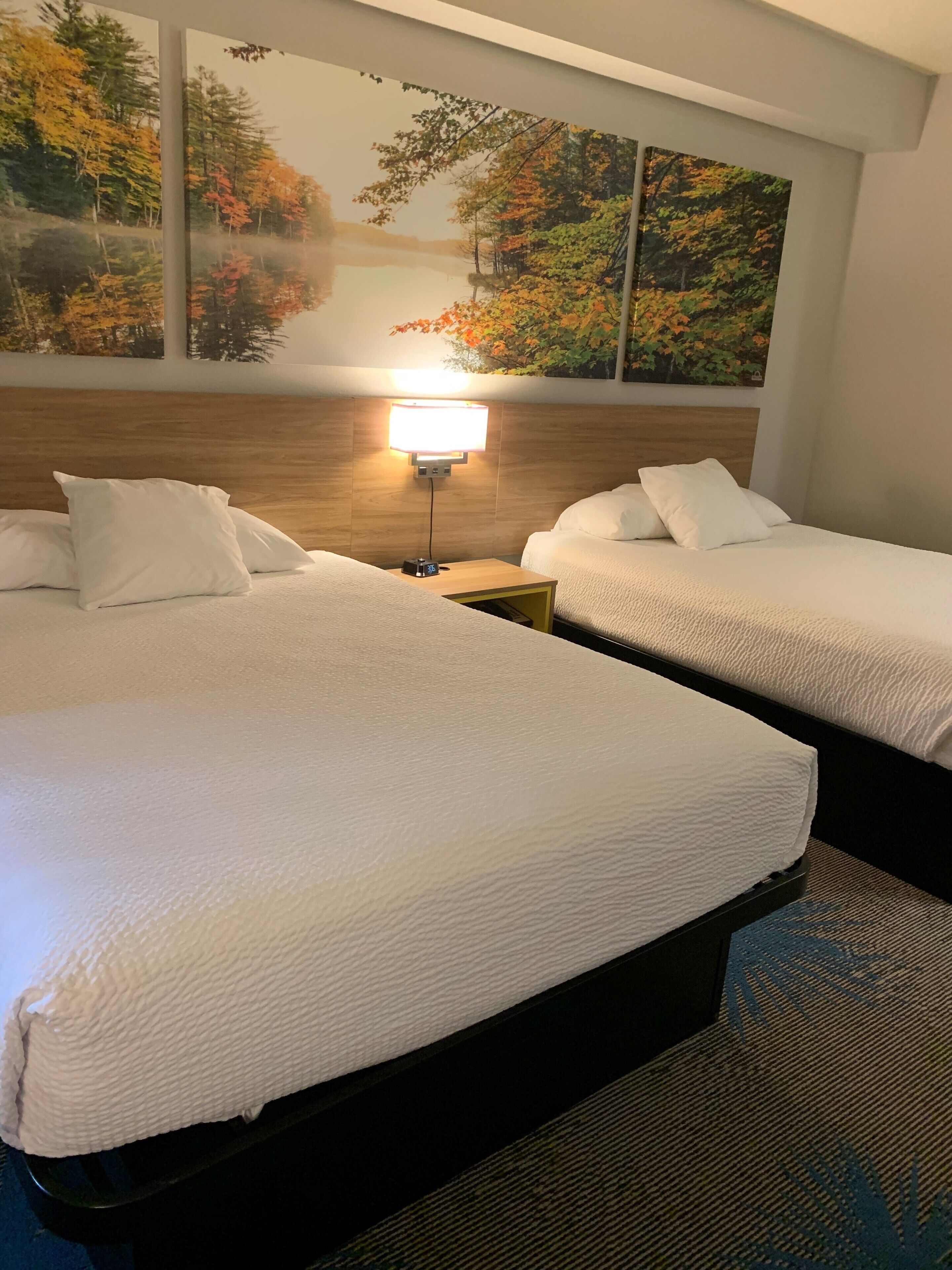 Habitación de hotel con dos camas, una mesita de noche con lámpara y un gran mural en la pared con follaje otoñal.