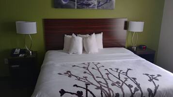 Une chambre d’hôtel avec un grand lit, deux tables de chevet avec des lampes, une œuvre d’art accrochée au mur et un mur de couleur verte.
