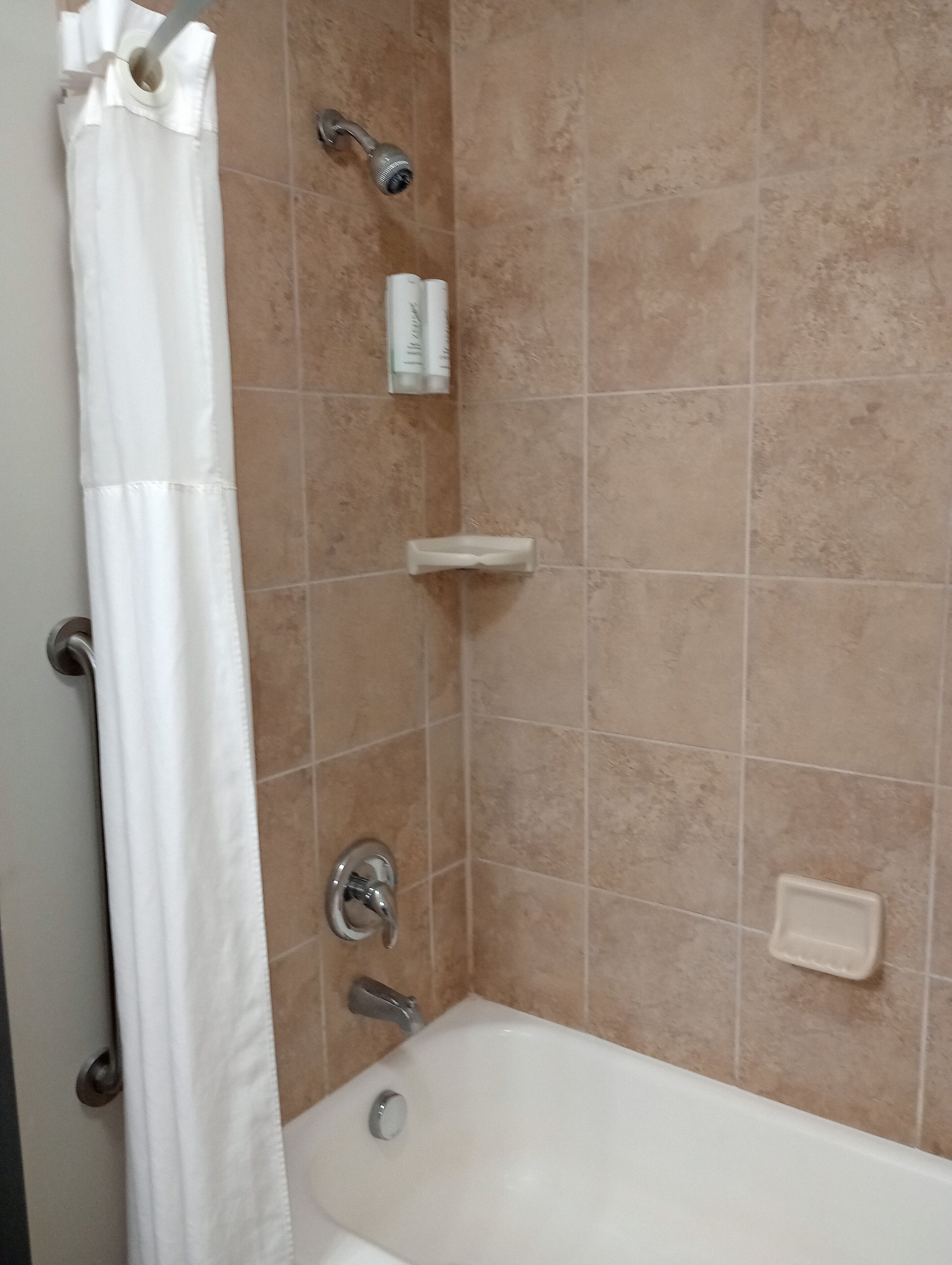 Un baño con bañera, ducha, dispensador de jabón y toallero.