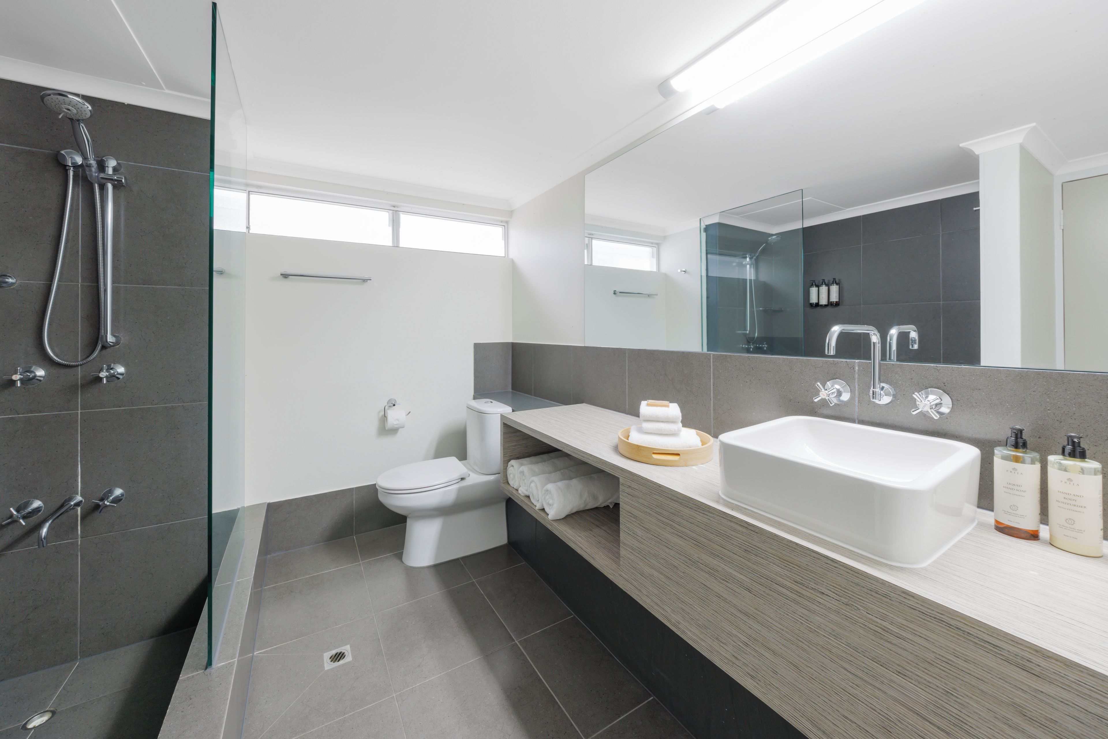 A modern bathroom with a glass shower enclosure, a white toilet, a vanity with a large sink, and a mirror.
