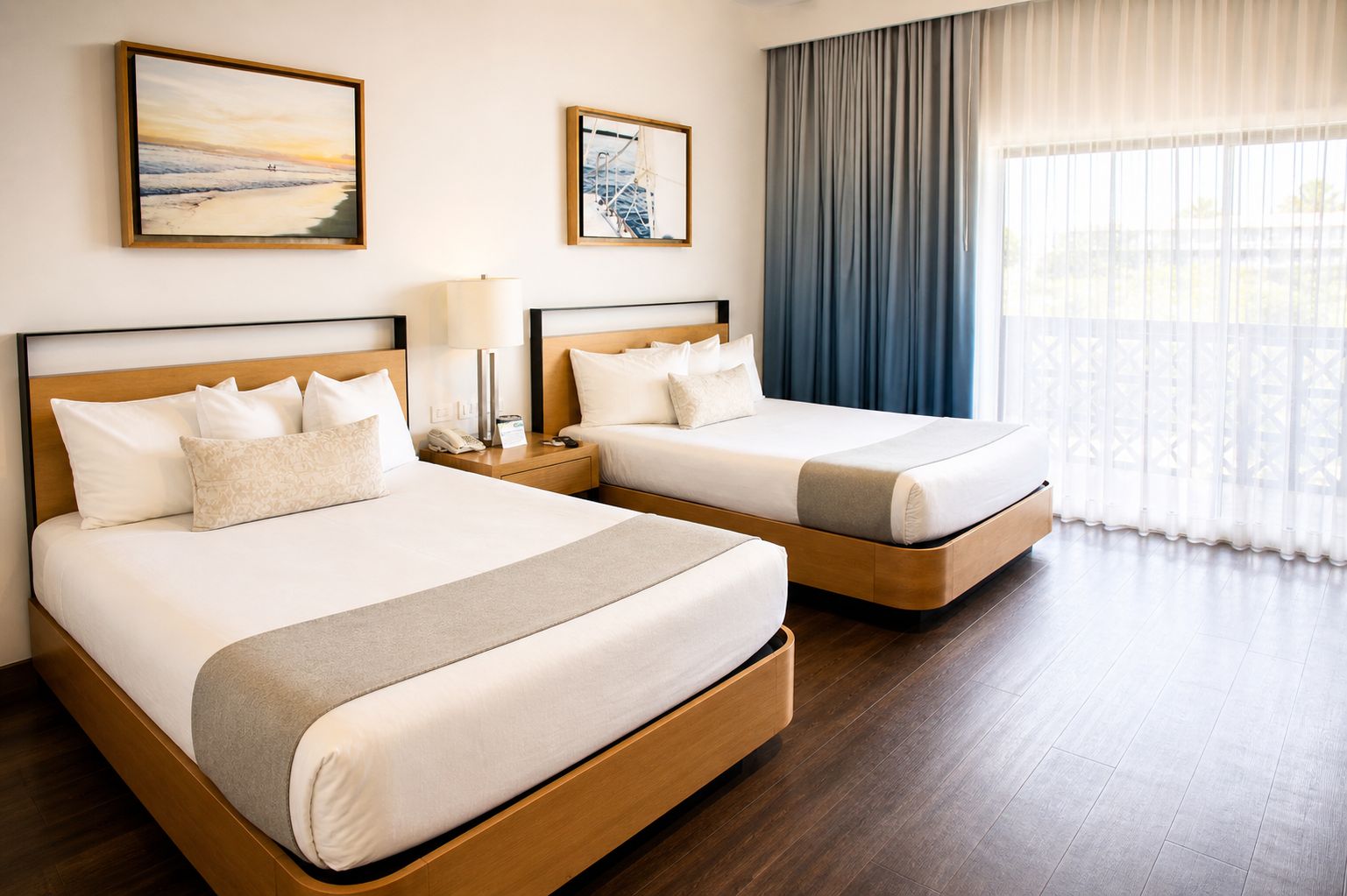 A hotel room with two beds, a nightstand with a lamp, and artwork on the walls.