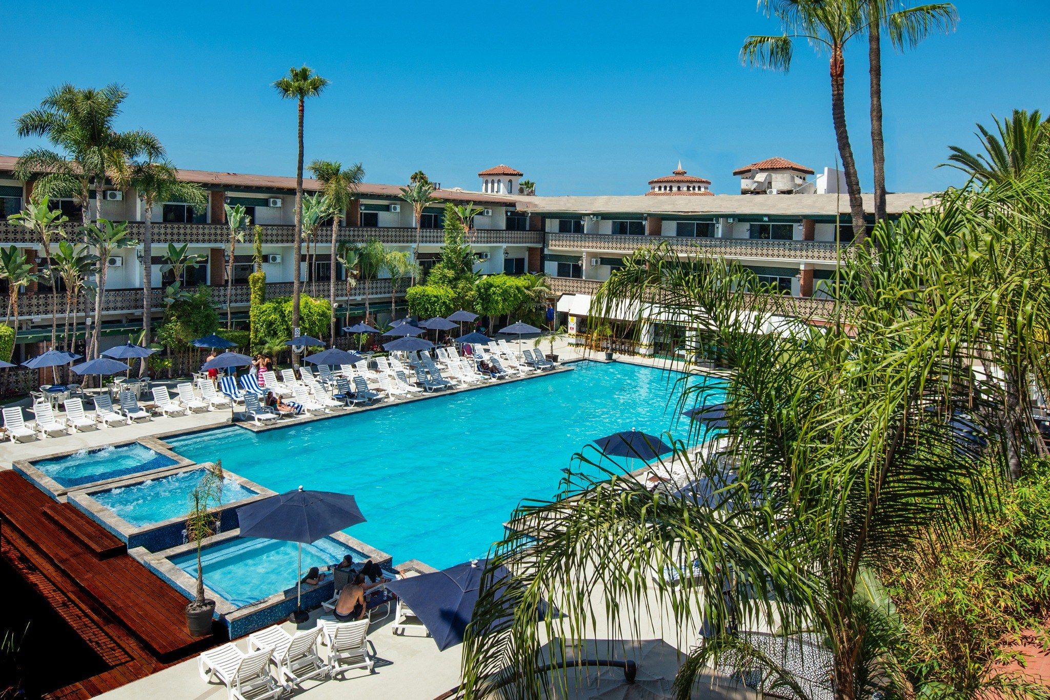 A large swimming pool with multiple lounge chairs and umbrellas, surrounded by palm trees and a multi-story building with balconies.