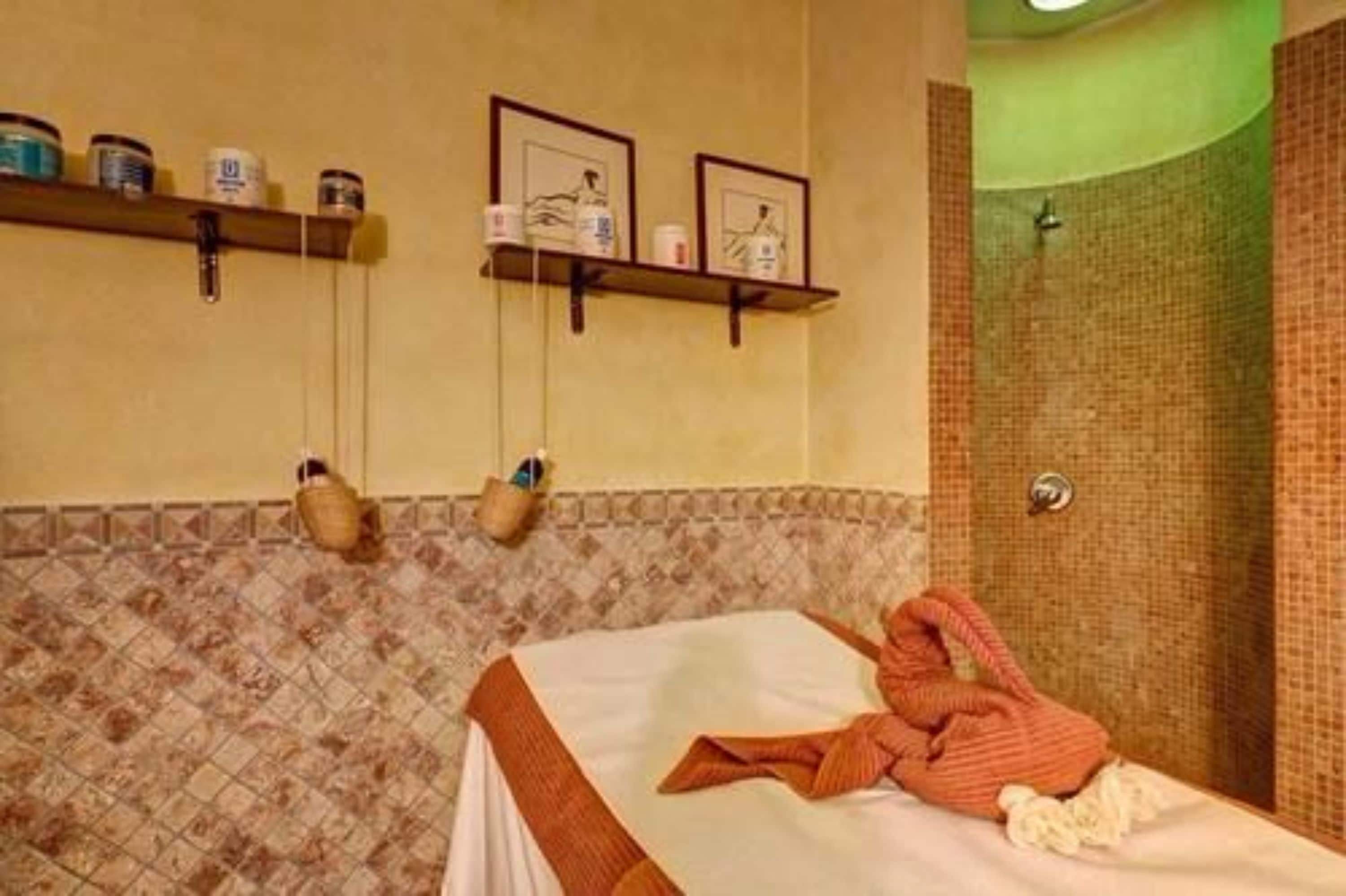Een badkamer met een douche, een handdoekhouder met flesjes en een bed met een handdoek.