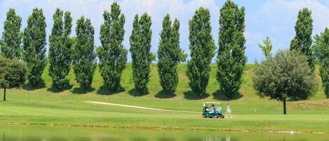 Un parcours de golf avec un étang, des arbres et un chariot de golf.