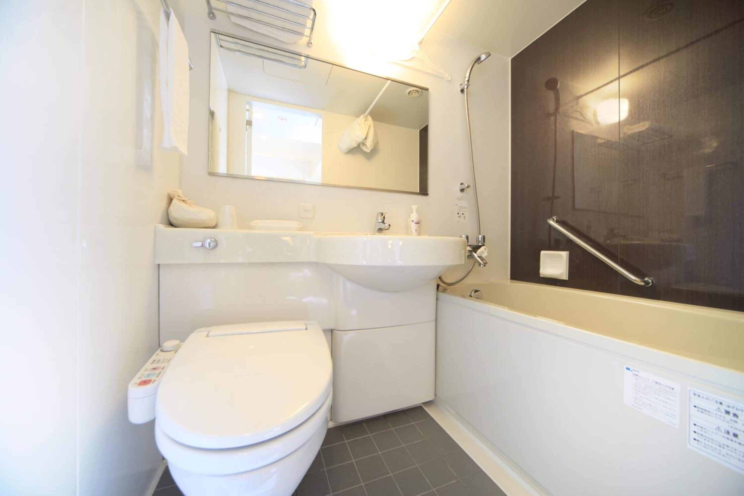 combined shower/bathtub, free toiletries, hair dryer, slippers