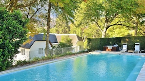 Outdoor pool, pool umbrellas, pool loungers