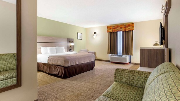 A hotel room with a bed, a desk, a chair, and a television. - Quality Inn Raleigh Downtown (Raleigh)