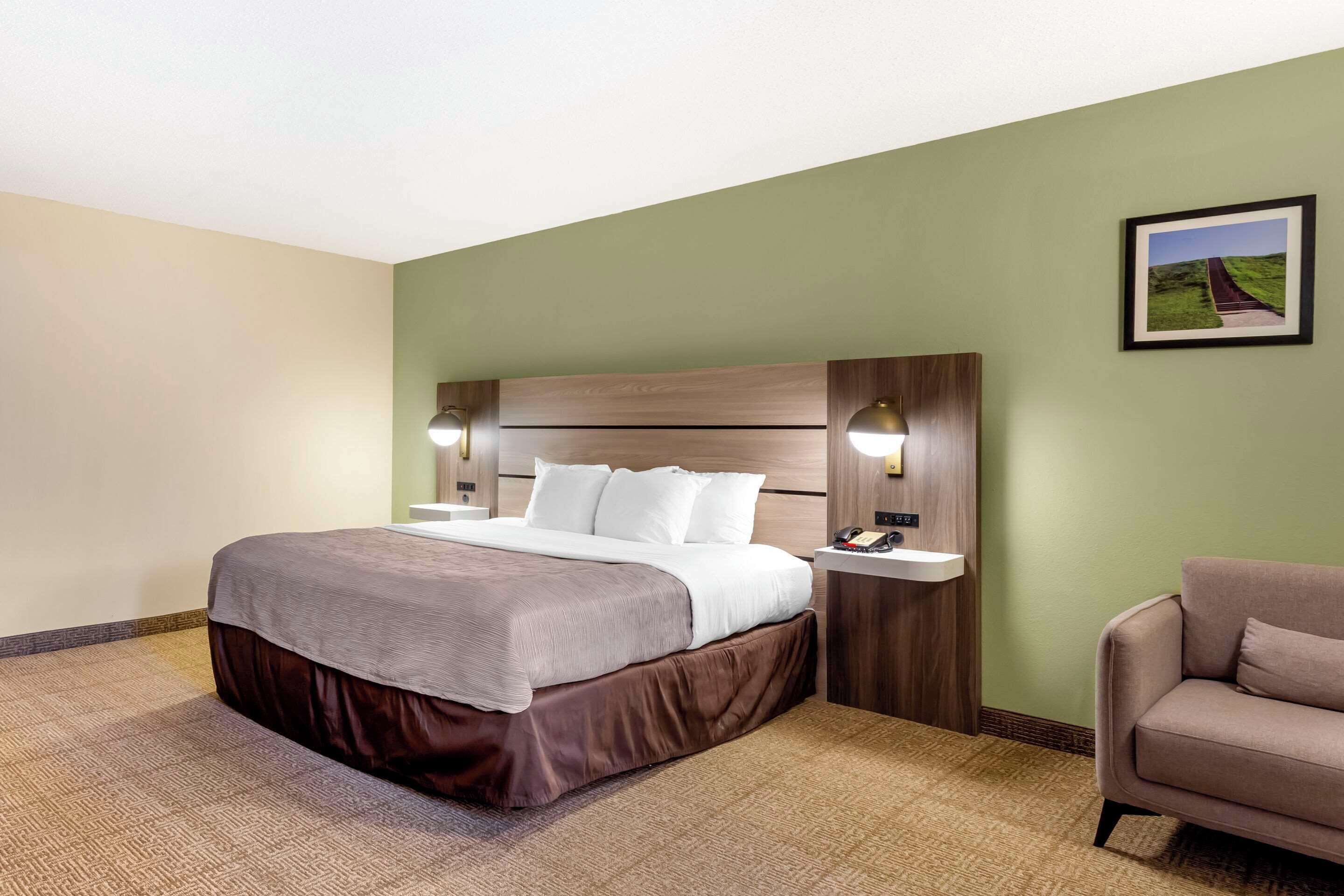 A hotel room with a large bed, a nightstand with a phone, and a framed picture on the wall.