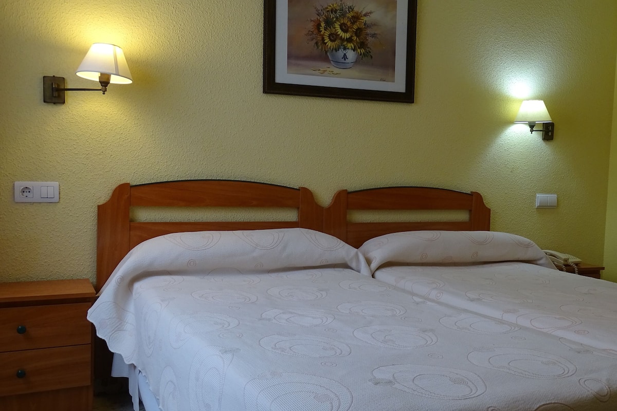 A double bed with a patterned bedspread, two bedside tables, a nightstand, a wall-mounted lamp, and a framed picture of sunflowers.