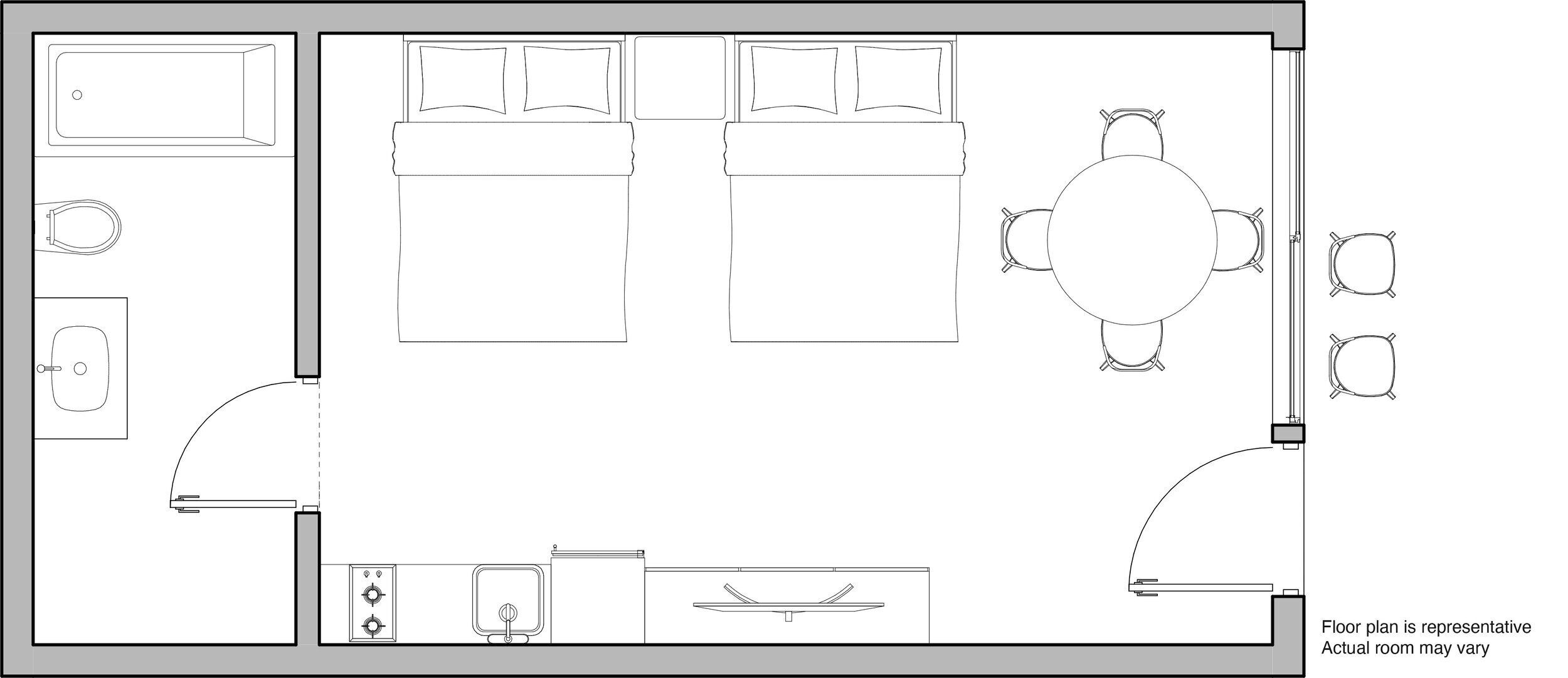 A floor plan of a hotel room with a bed, two bedside tables, a desk, a chair, a small bathroom, and a dining area with a table and chairs.