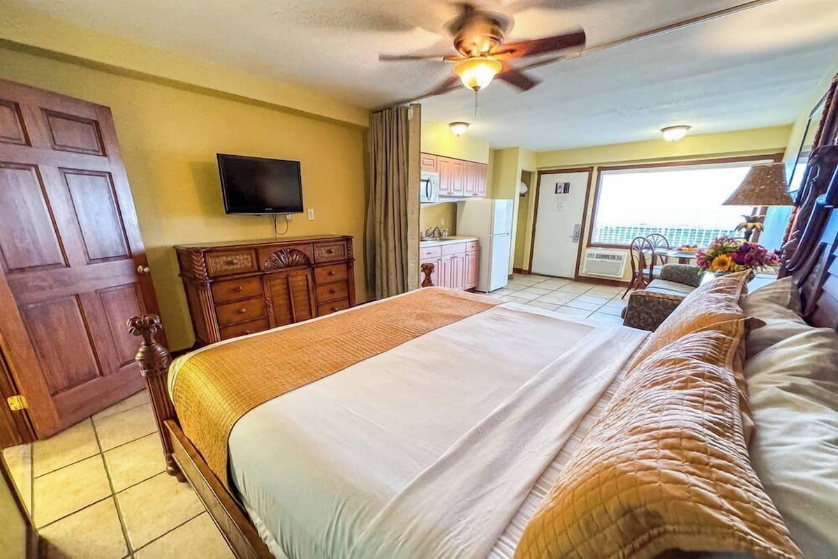 Een slaapkamer met een bed, een plafondventilator, een televisie en uitzicht op het balkon.
