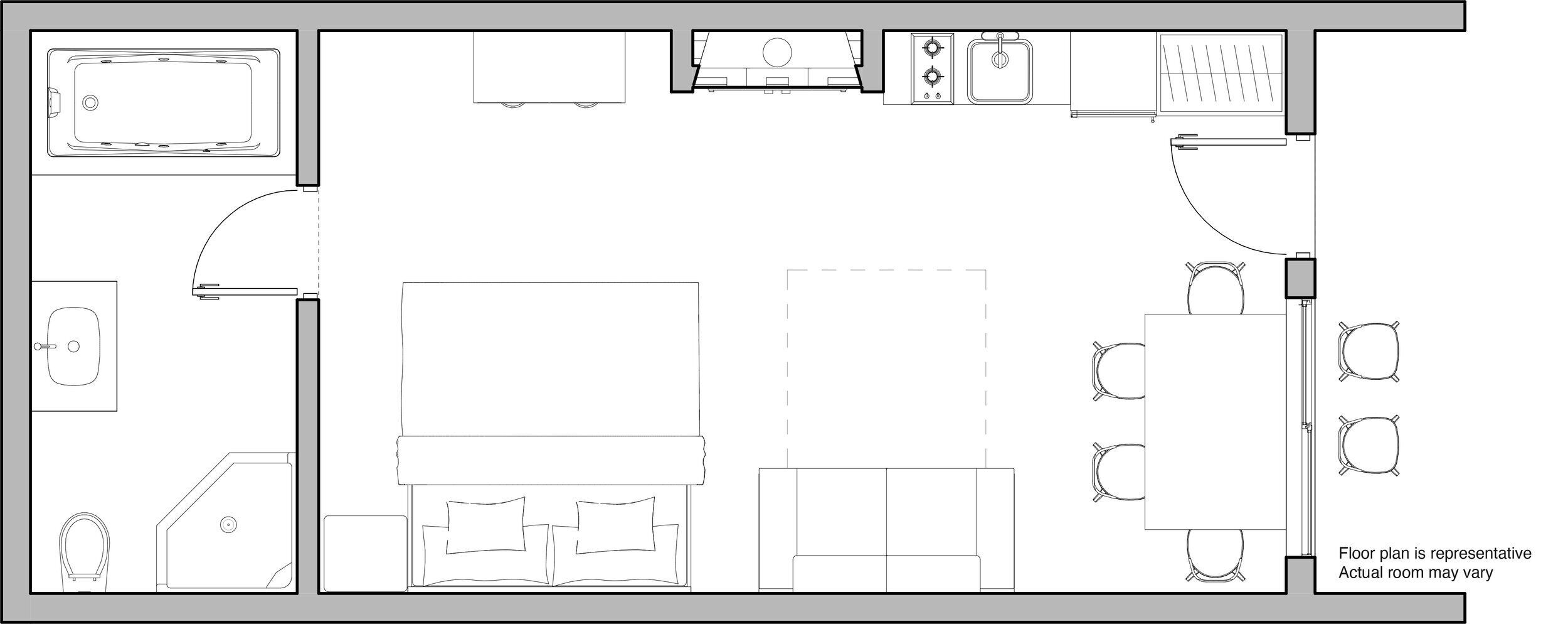 A floor plan of a hotel room with a bed, a desk, a chair, a bathroom, and a dining area.