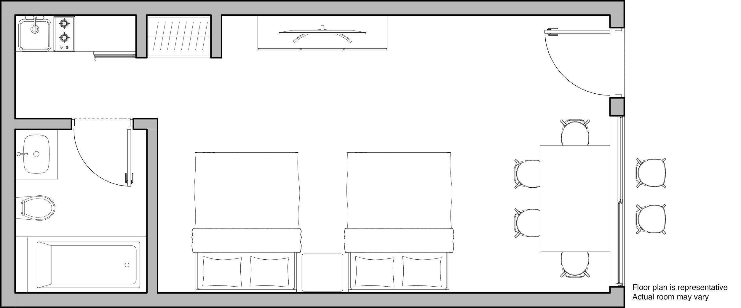 Een plattegrond van een hotelkamer met een keuken, een eethoek, een badkamer en een klein balkon.