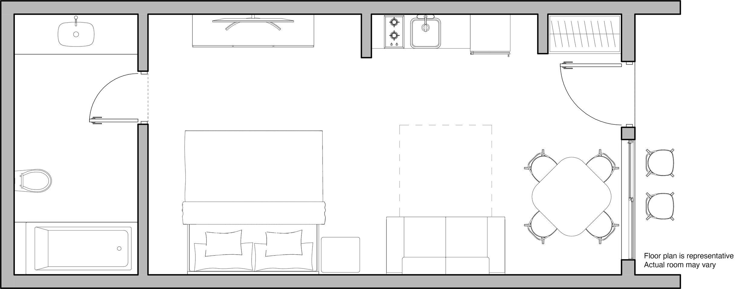 A floor plan of a hotel room with a bathroom, kitchenette, and a dining area.