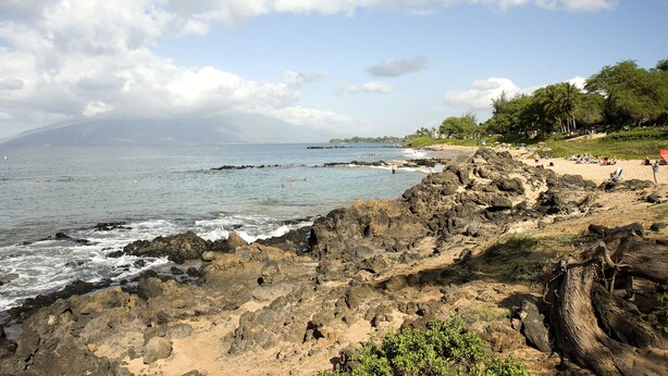 A rocky coastline with a beach, clear sky, and distant mountains.