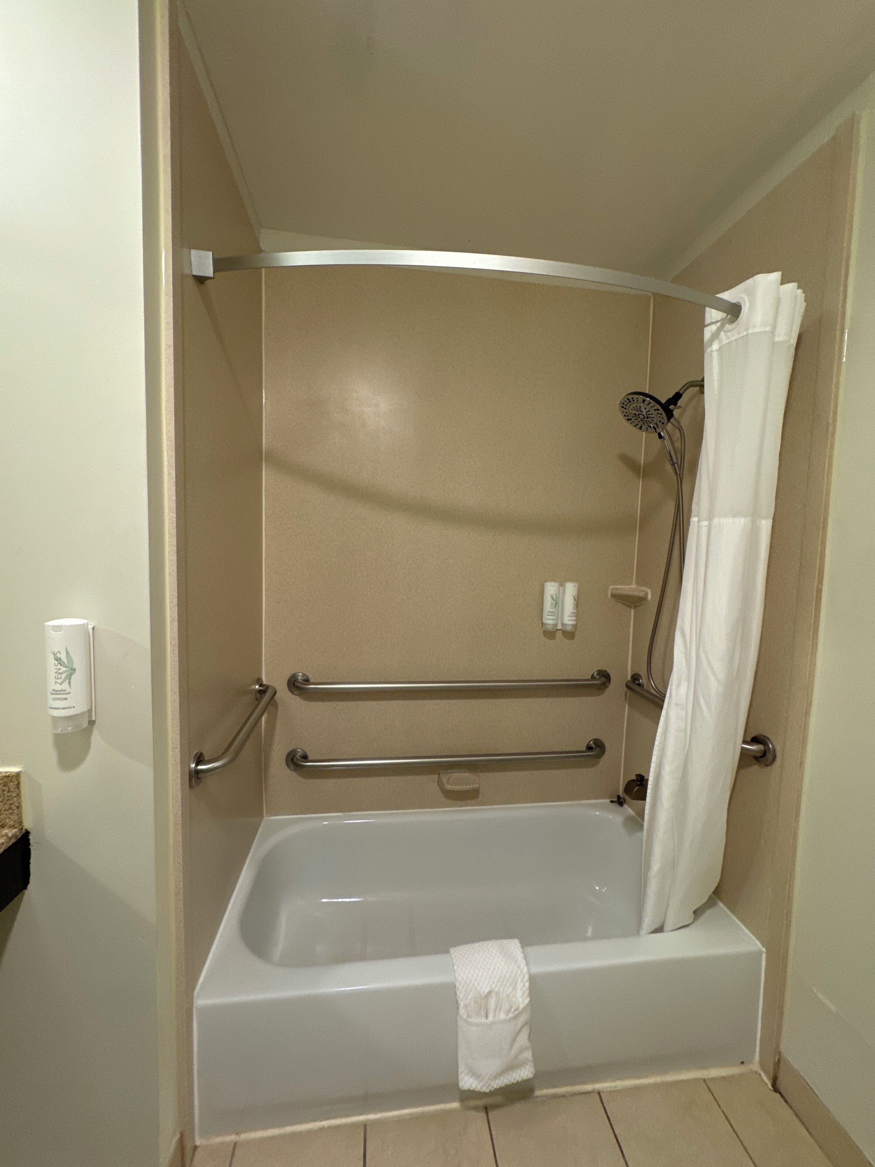 Une salle de bain standard équipée d’une baignoire, d’une douche et d’une barre d’appui.