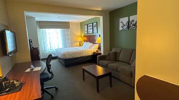 Desk, laptop workspace, blackout curtains, iron/ironing board