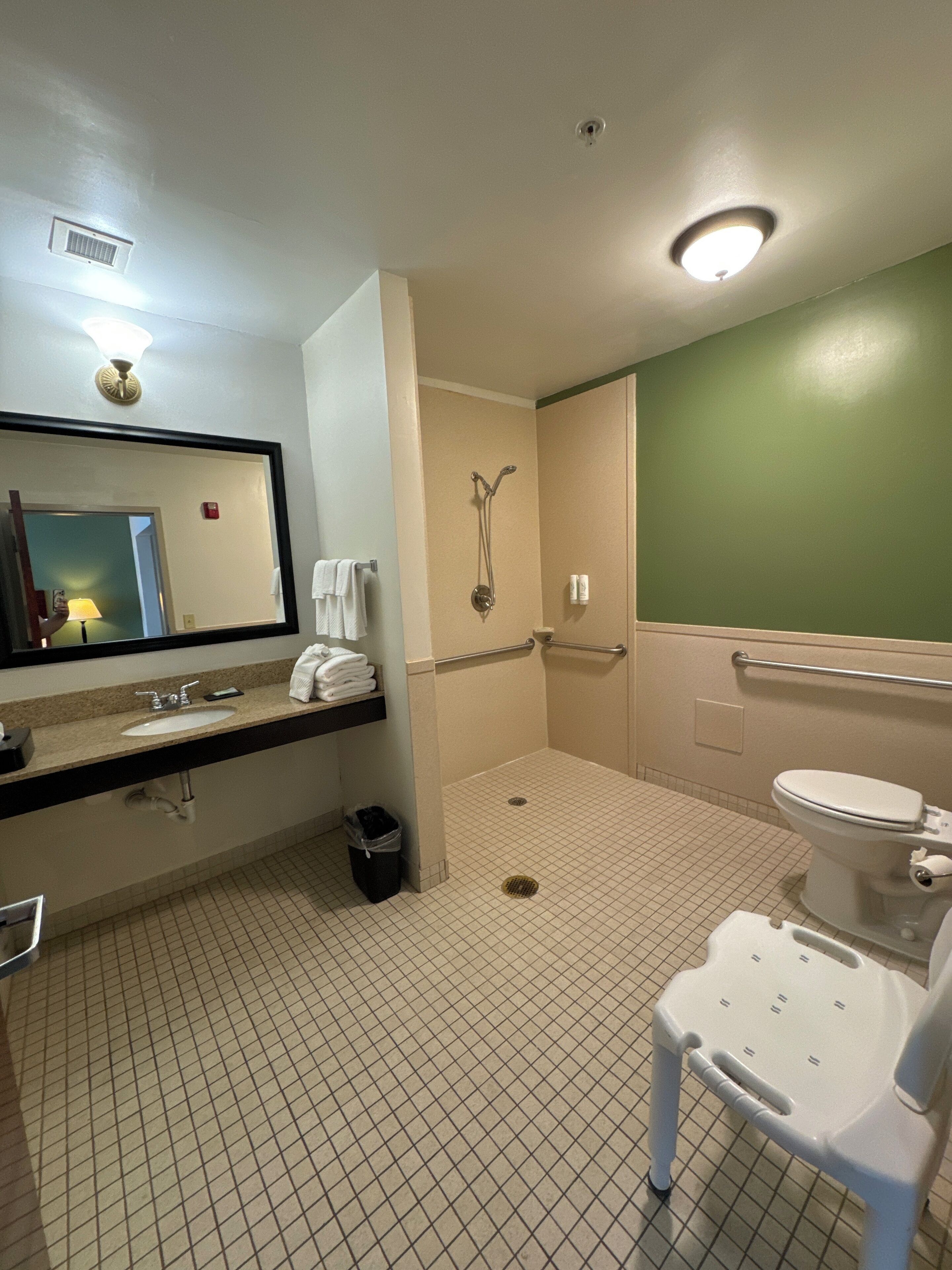 Une salle de bain équipée d’un lavabo, d’un miroir, d’une douche, de toilettes et d’un banc accessible aux personnes en fauteuil roulant.