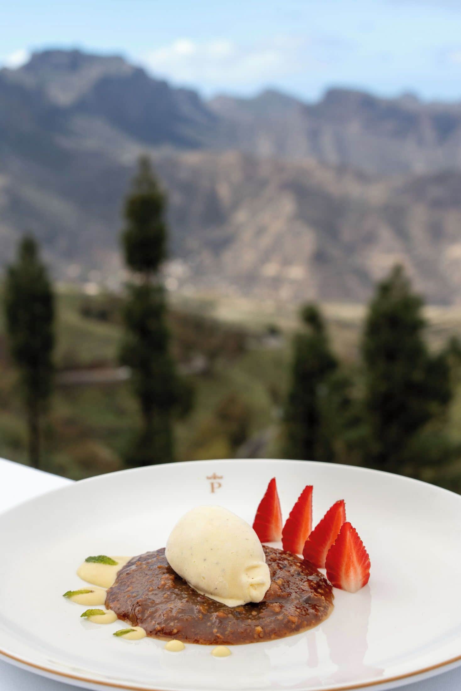A dessert plate with a scoop of ice cream, strawberries, and a sauce, set against a mountainous backdrop.
