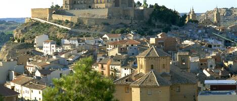 Un paysage urbain d’importance historique, avec un château imposant perché sur une colline, surplombant une ville densément peuplée et dotée d’une architecture traditionnelle.