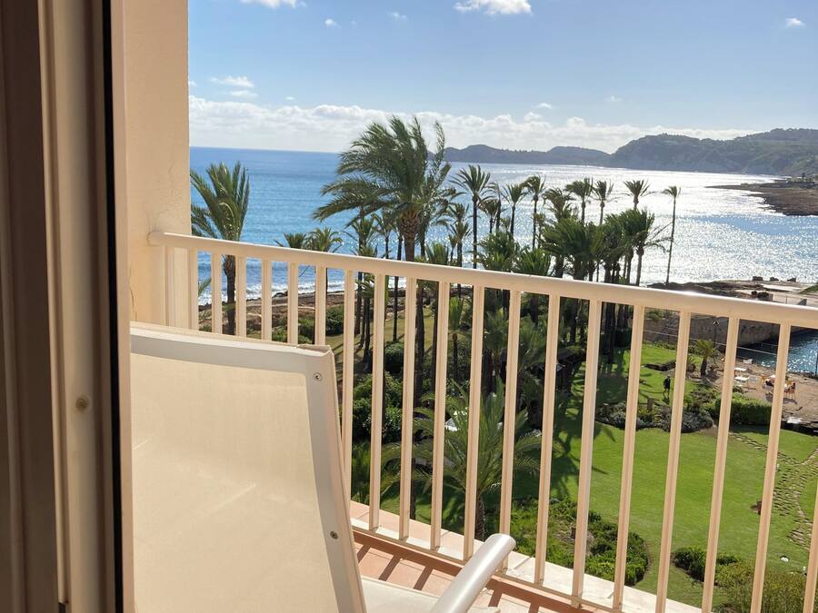 Un balcón con vistas al mar, palmeras y una zona verde.