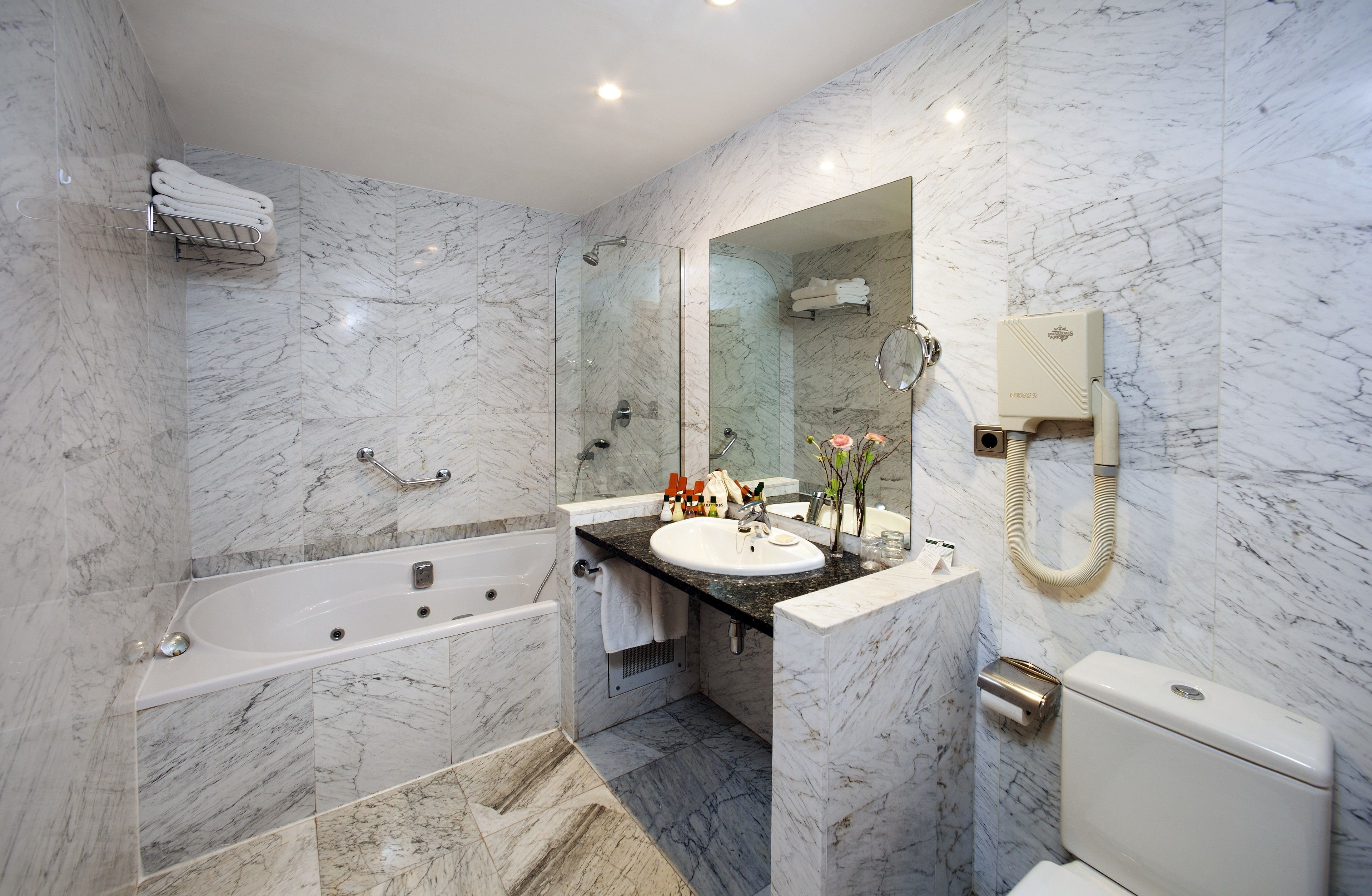 free toiletries, hair dryer, towels