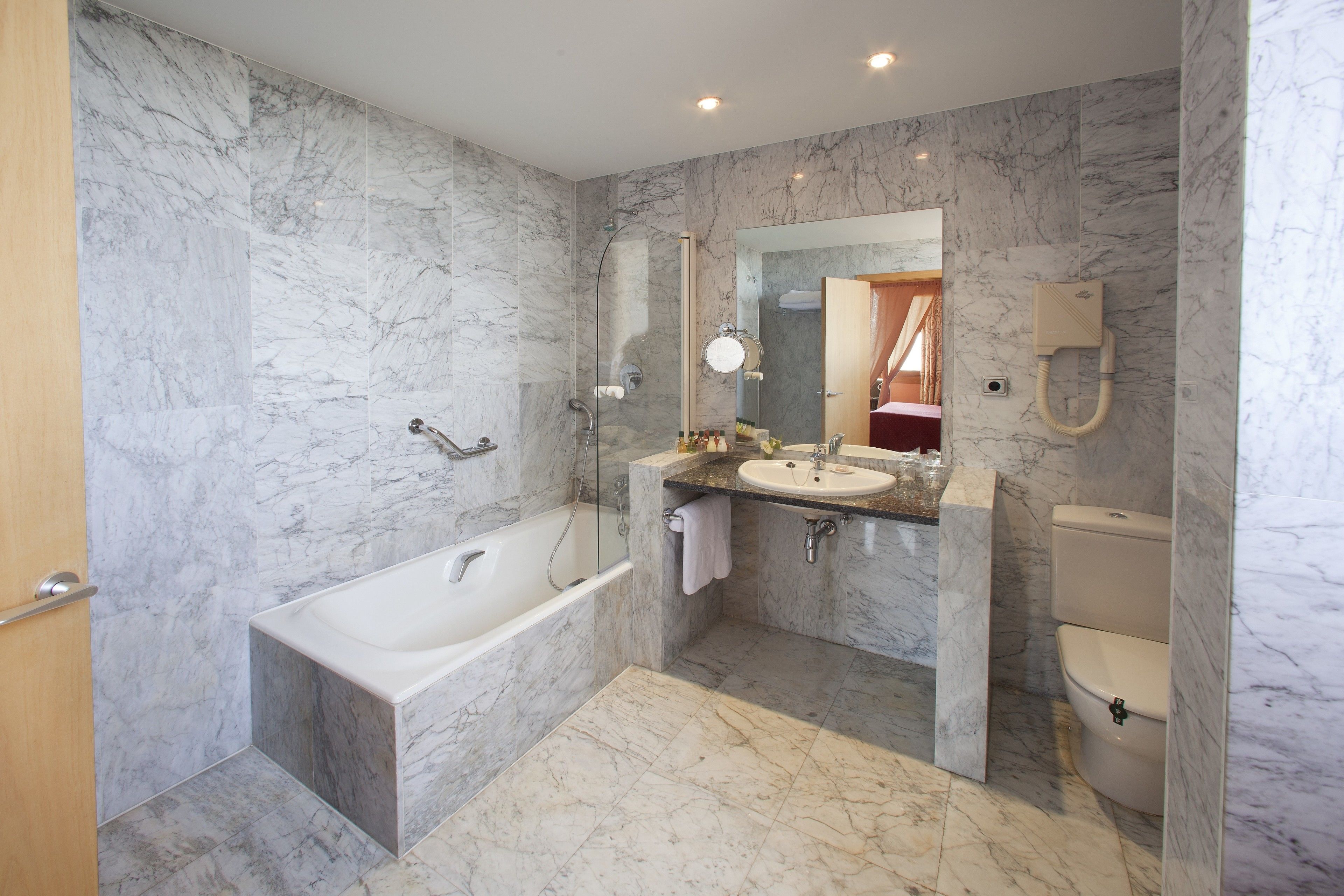 free toiletries, hair dryer, towels