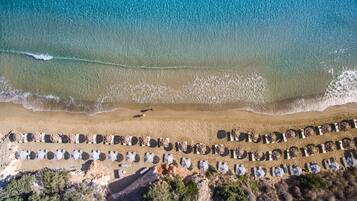 An aerial view of a beach with rows of umbrellas and a person walking along the shore.