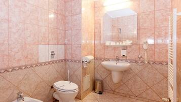 A bathroom with a toilet, sink, and mirror.