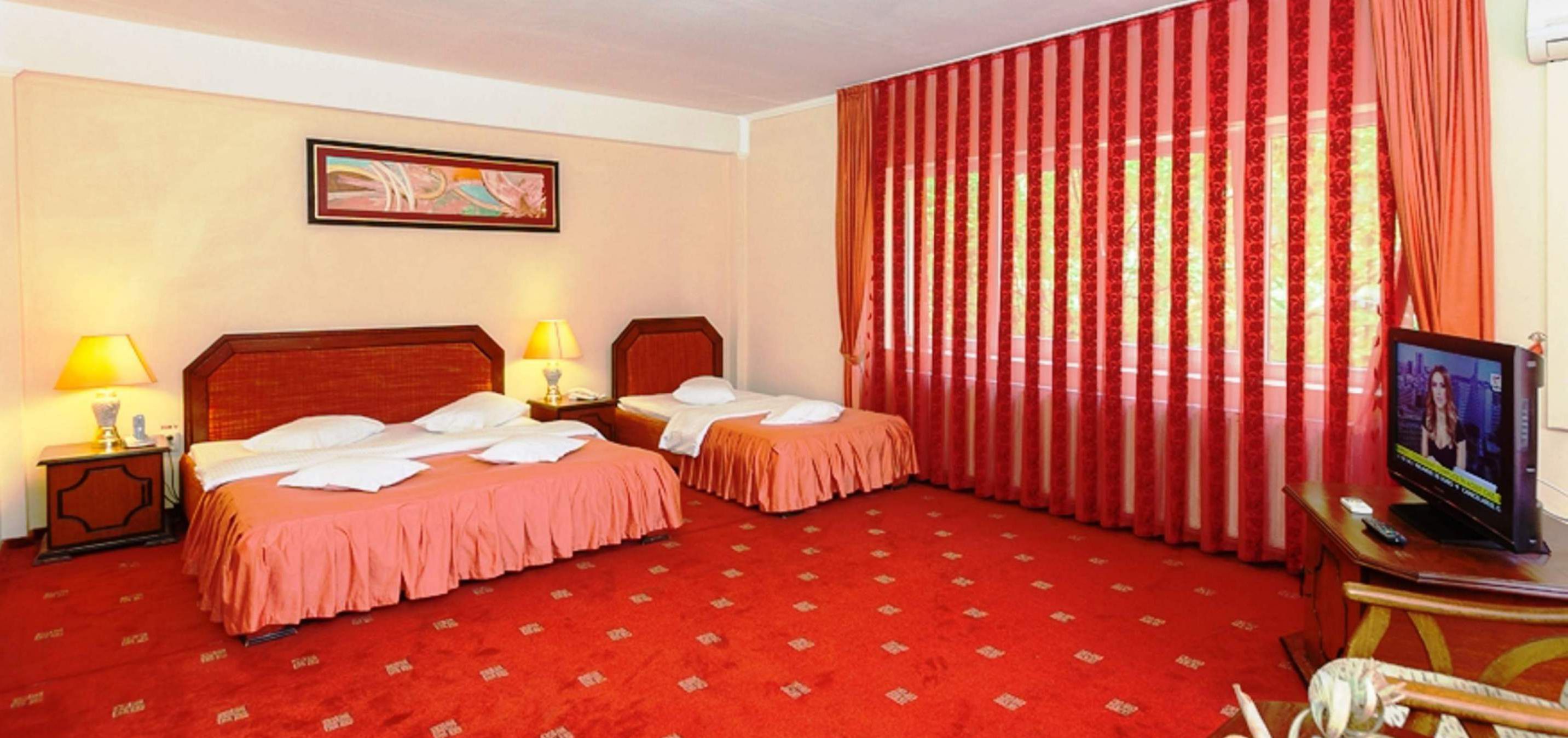 A hotel room with two beds, a television, and a red carpeted floor.