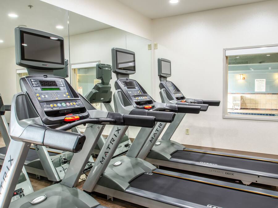A gym with treadmills, exercise equipment, and mirrors.
