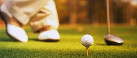 Una pelota de golf sobre un tee en un campo verde, con un palo de golf al fondo.