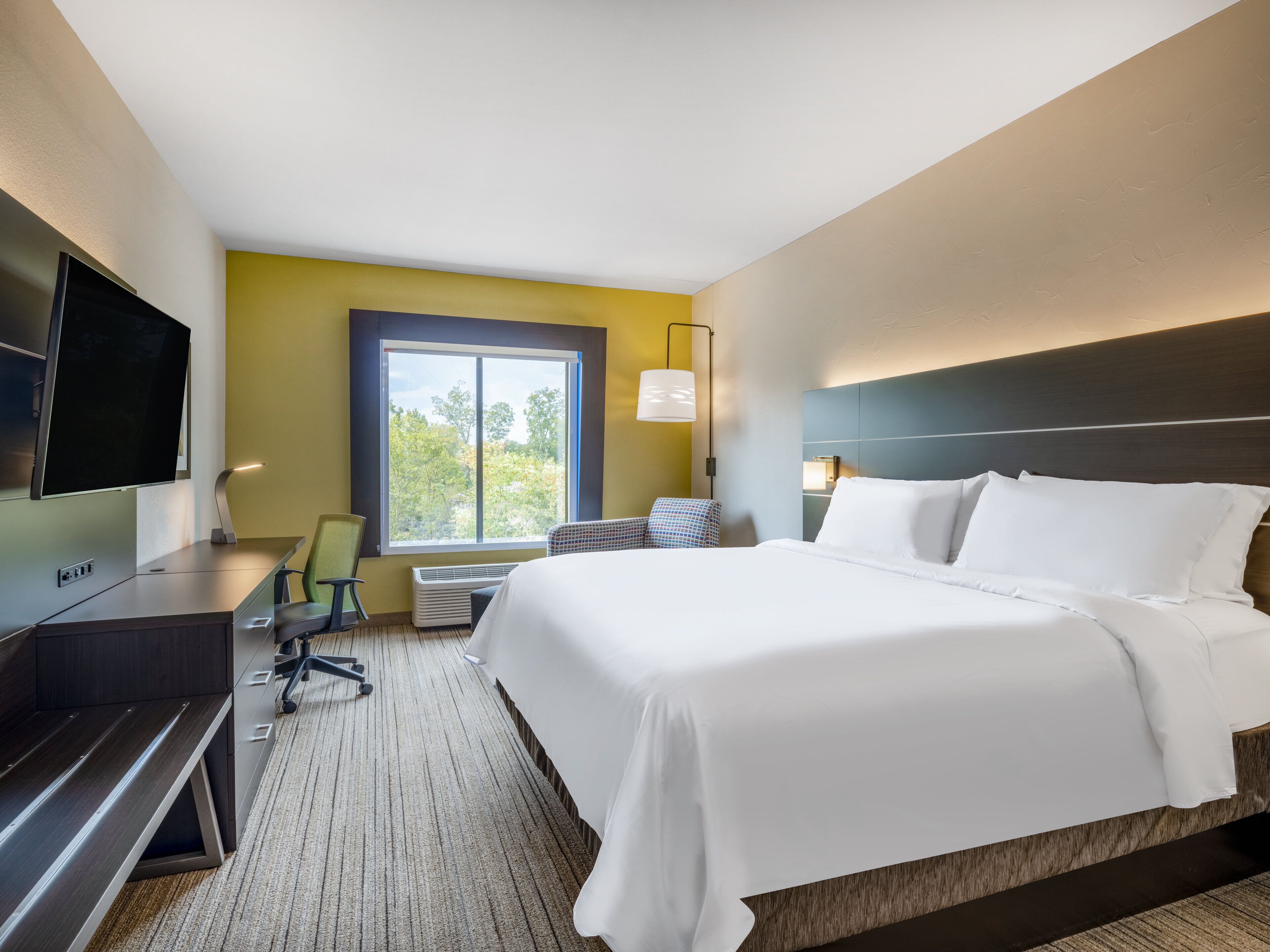 Habitación de hotel con una cama grande, un escritorio con computadora, un televisor de pantalla plana, una ventana con vista a árboles y una lámpara.