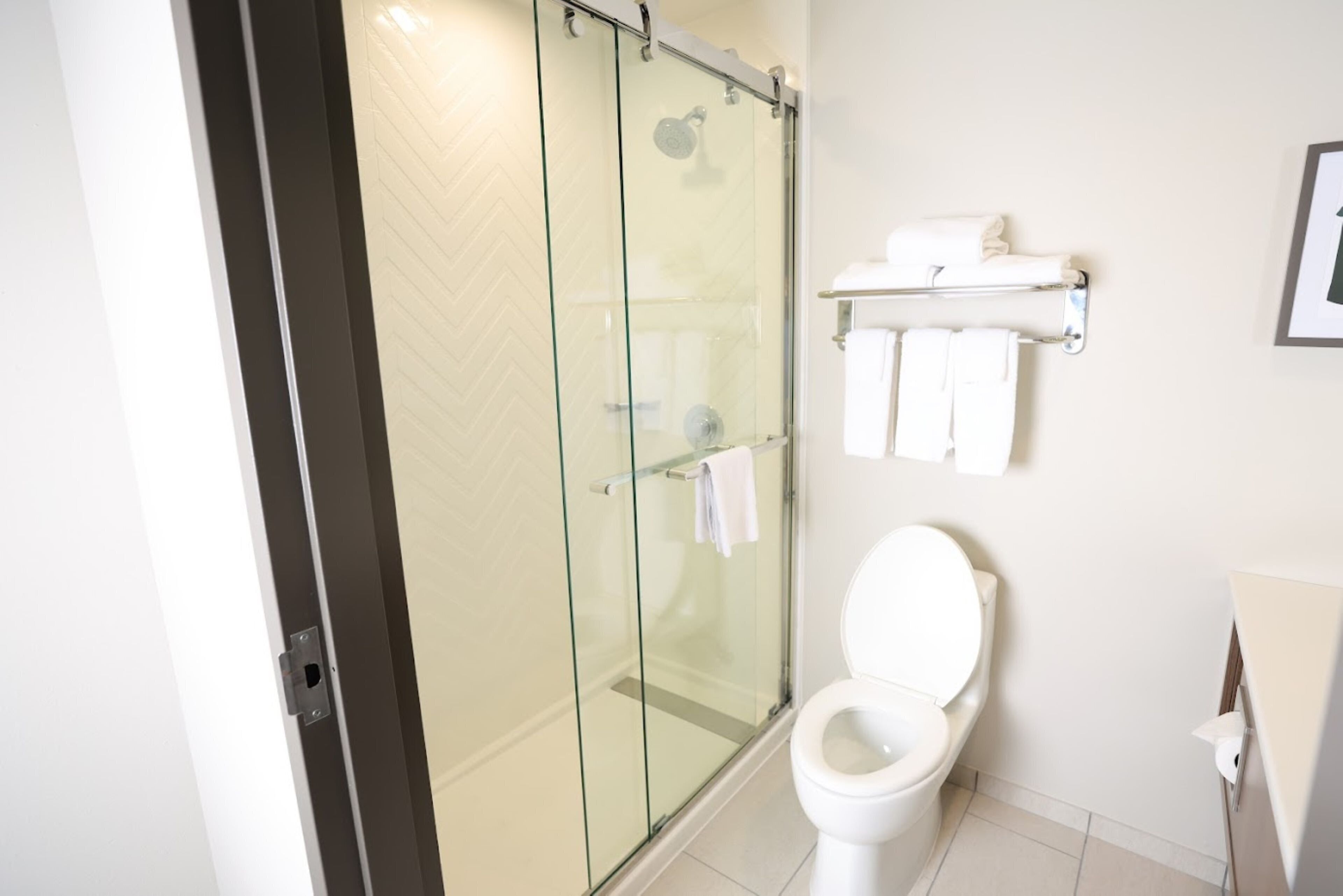 A modern bathroom with a glass-enclosed shower, a white toilet, and a towel rack with neatly folded towels.