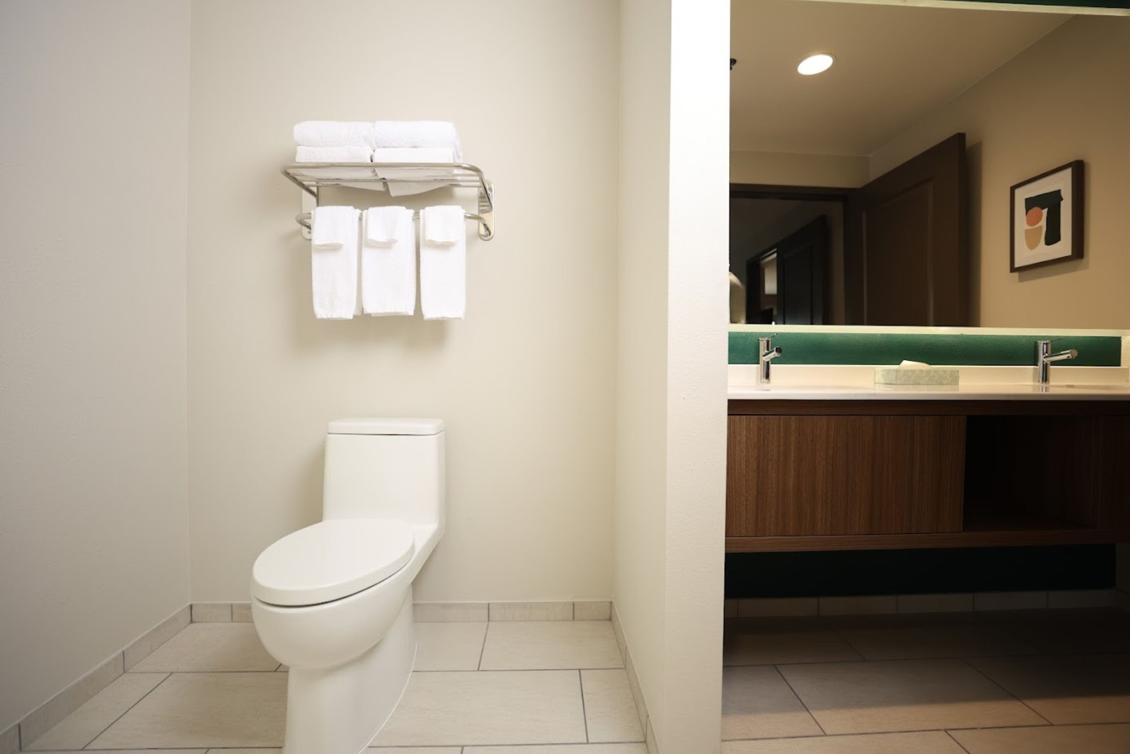 A bathroom with a toilet, a towel rack with folded towels, and a sink with a mirror.