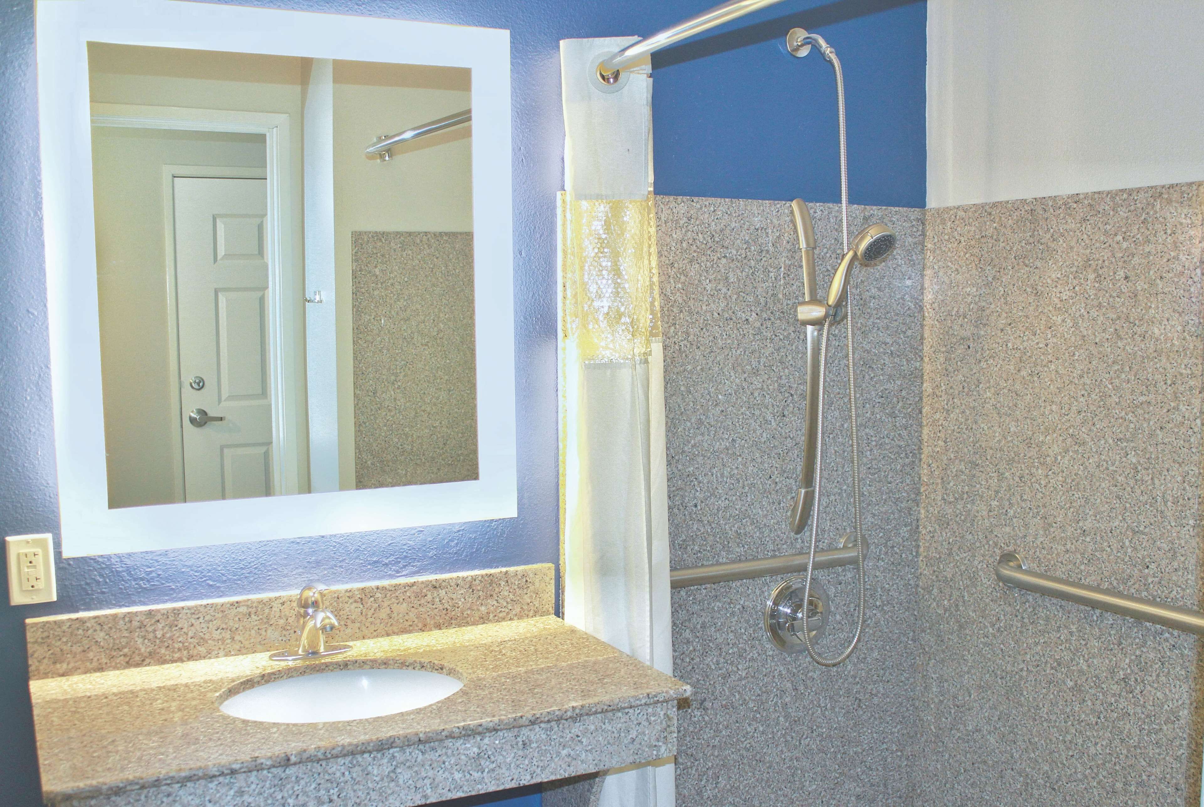A bathroom with a granite countertop sink, a mirror, and a shower with a handheld showerhead and grab bars.