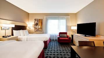 Laptop workspace, blackout drapes, iron/ironing board