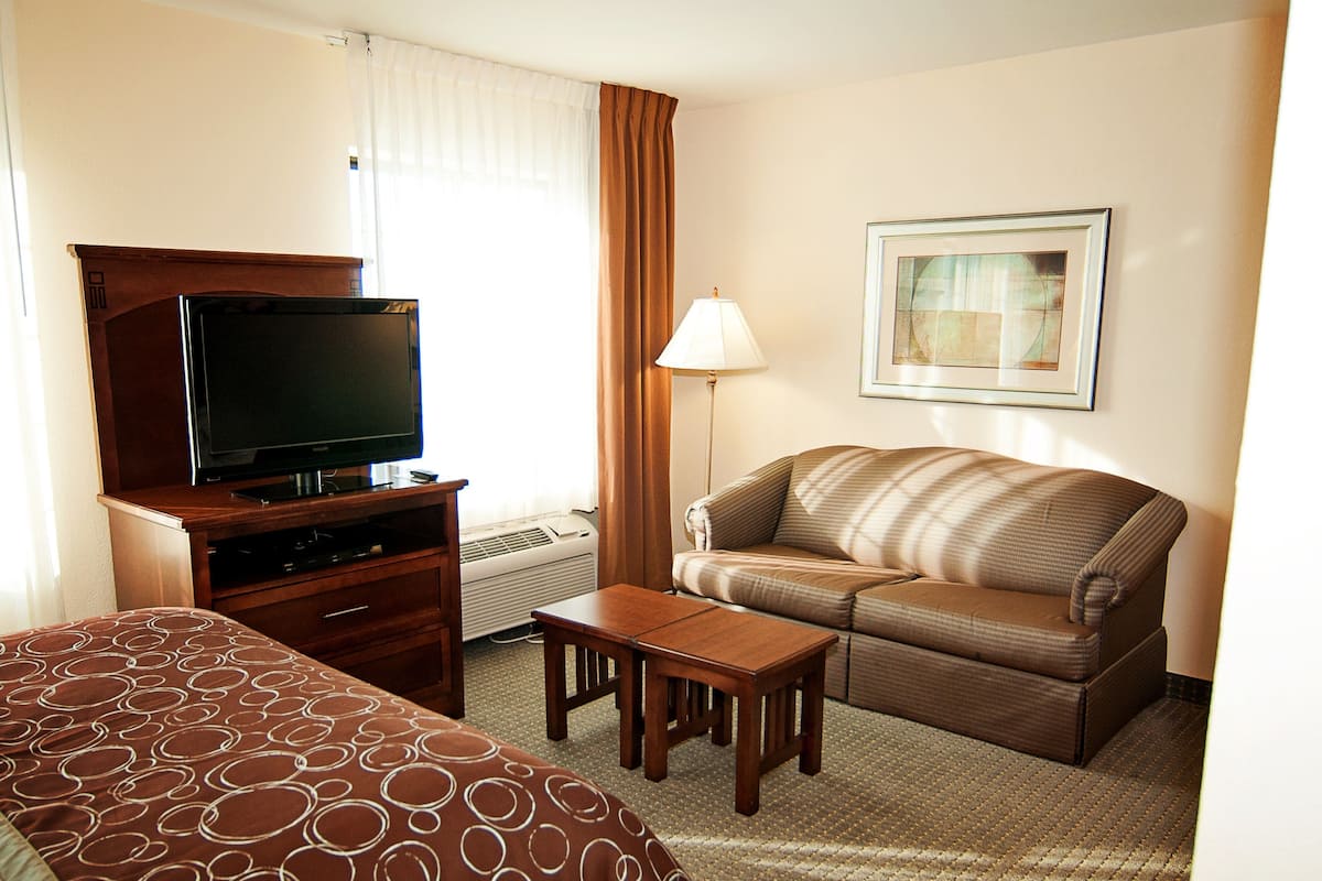 A hotel room with a bed, a sofa, a TV, a lamp, and a framed picture on the wall.