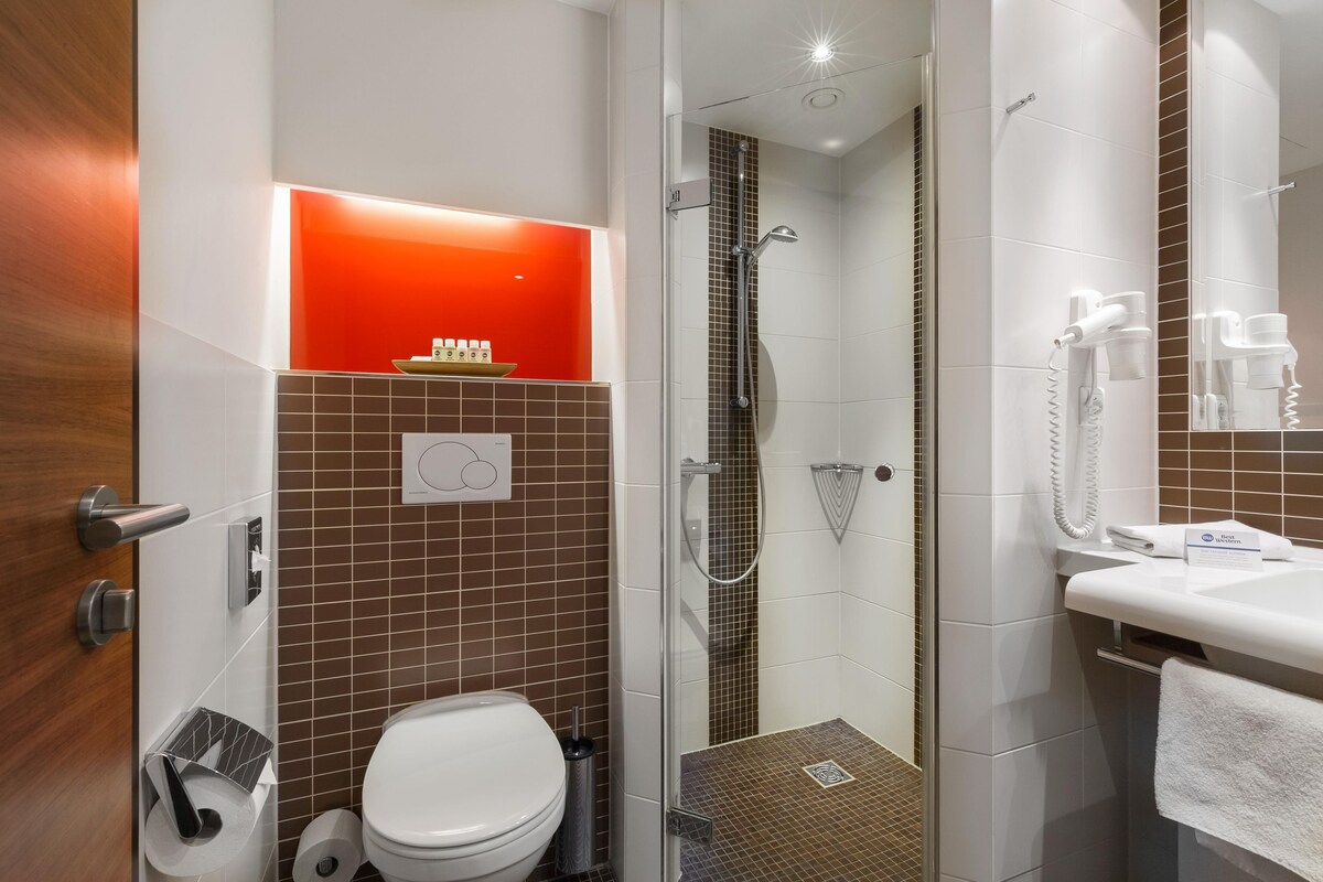 Shower, free toiletries, hair dryer, towels