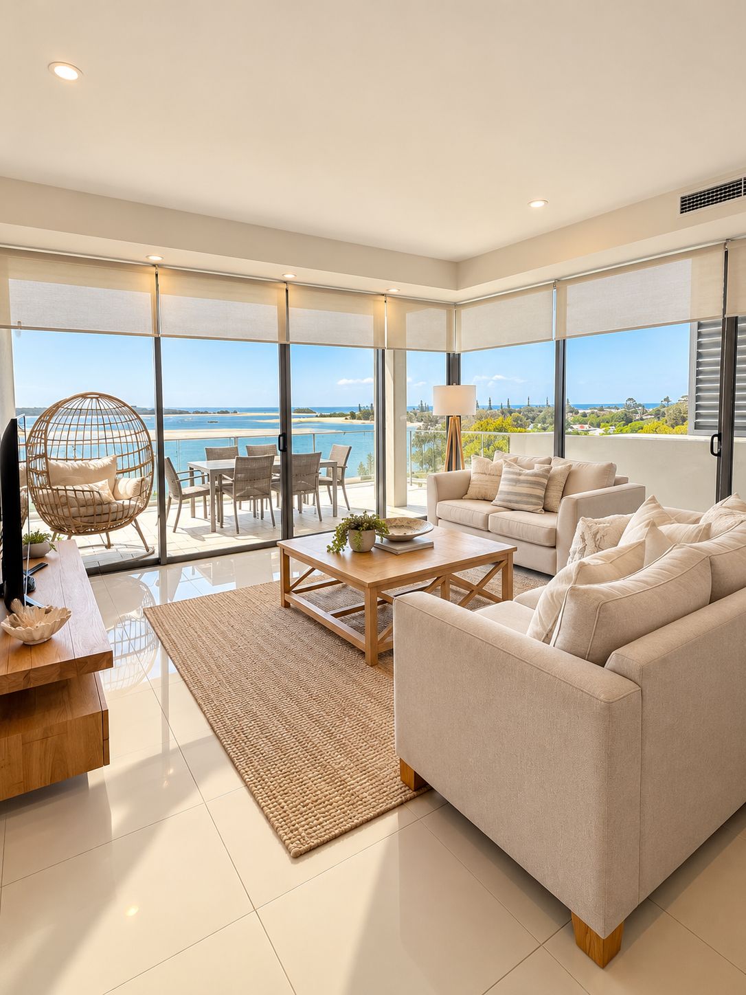 A spacious living room with a large window, a sofa, a coffee table, and a hanging chair.