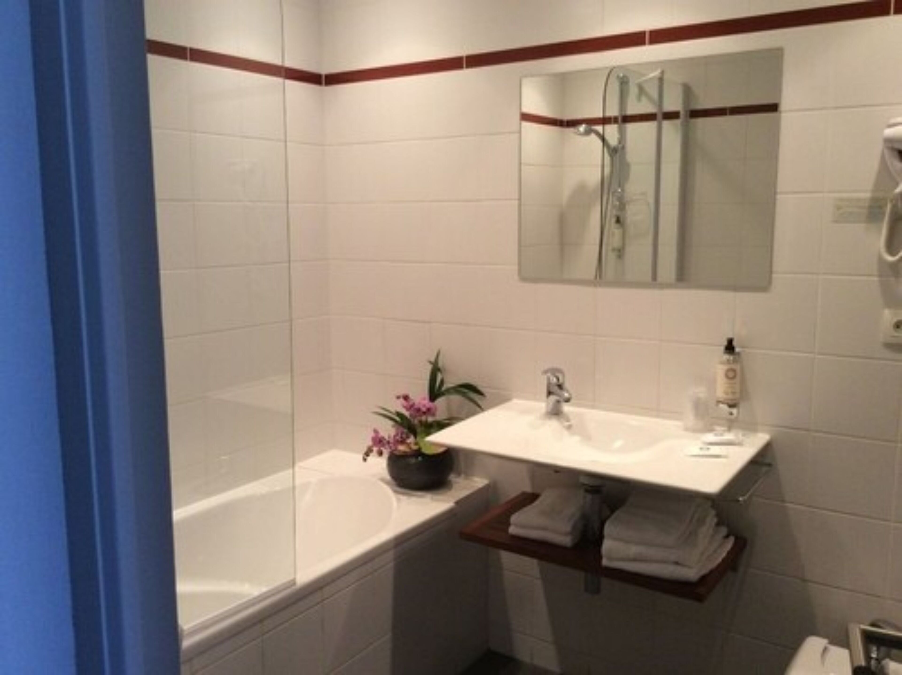 Un baño con bañera, lavamanos, espejo y una planta en maceta.