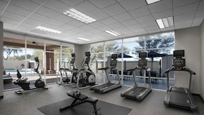 A gym with treadmills, elliptical machines, and a bench press.