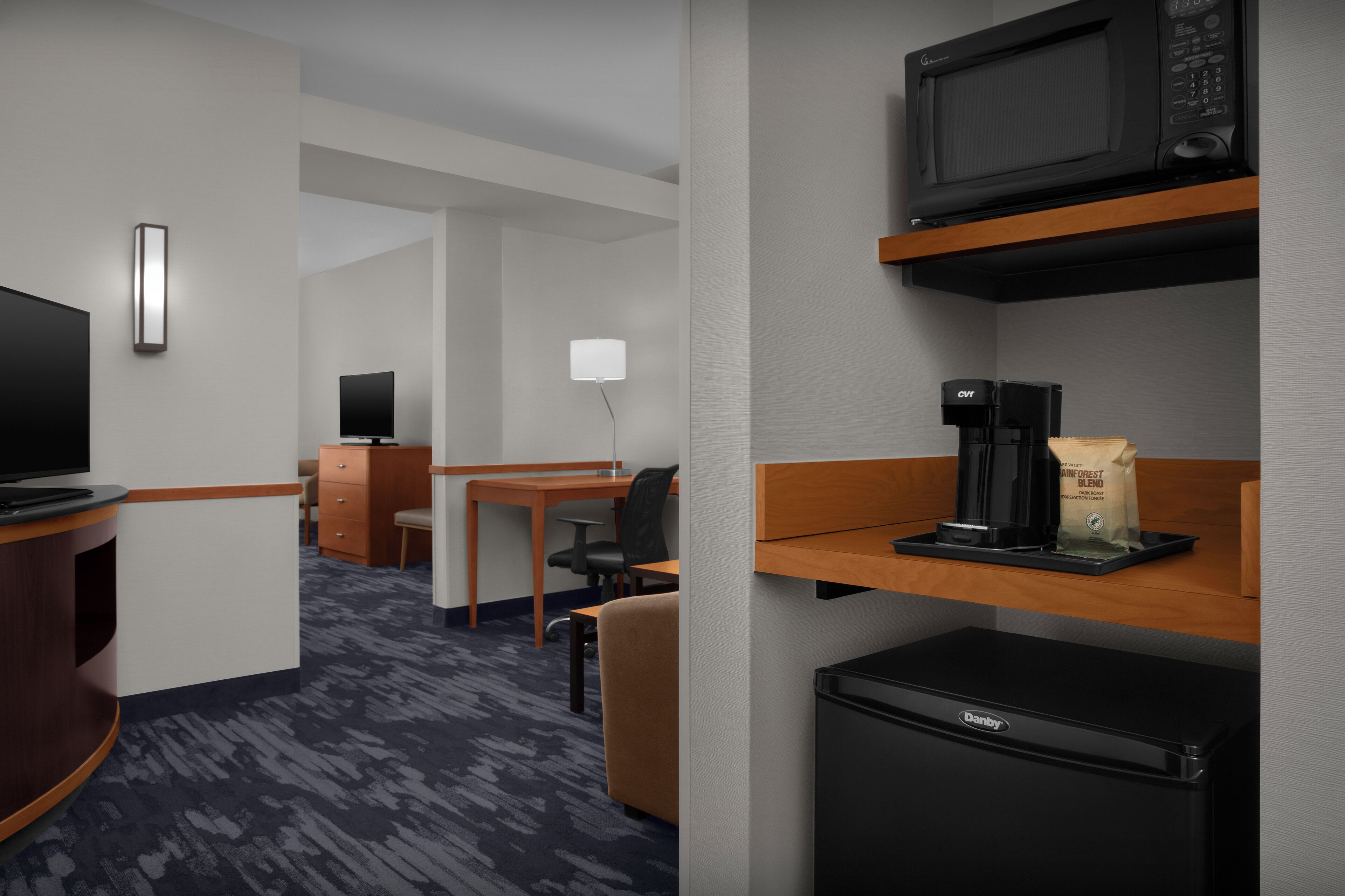 Hypo-allergenic bedding, desk, blackout drapes, iron/ironing board