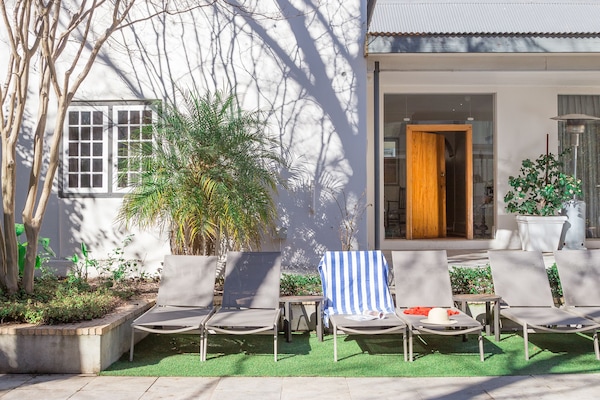 Outdoor pool, pool umbrellas, pool loungers