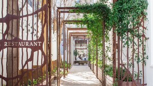 A narrow brick pathway leading to a restaurant with a metal trellis structure and greenery. - Oude Werf Hotel (Stellenbosch)